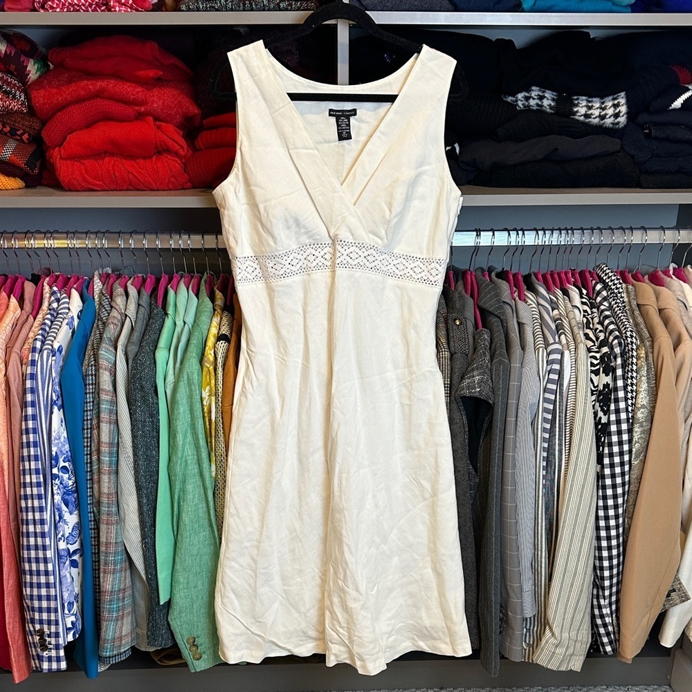 New York & Co. ivory sleeveless v neck linen blend lined midi dress size 12